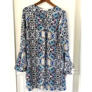 Eight Sixty Shift Dress Tunic Top Floral Long Flare Sleeve Lace Up Size L